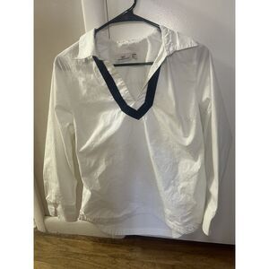 Vineyard Vines V-Neck Velvet Trim Tunic Top White Navy Blue Stretch Cotton Small